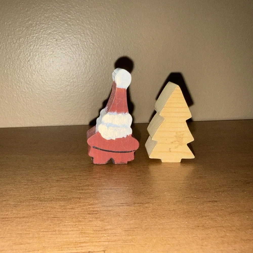 Vintage Santa Lot of 2 Folk Art Primitive Miniature Christmas Tree Wood Painted
